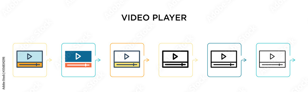 Poster video player vector icon in 6 different modern styles. black, two colored video player icons designe