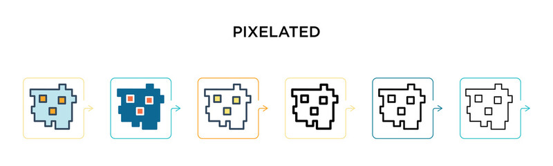 Pixelated vector icon in 6 different modern styles. Black, two colored pixelated icons designed in filled, outline, line and stroke style. Vector illustration can be used for web, mobile, ui