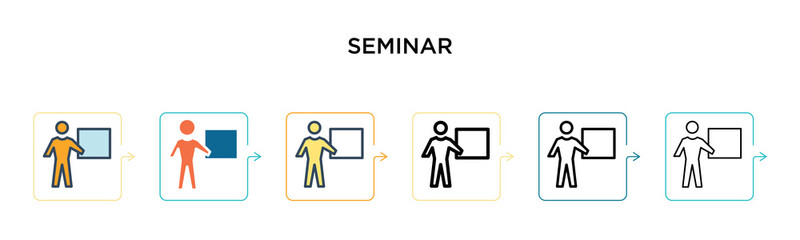 Seminar vector icon in 6 different modern styles. Black, two colored seminar icons designed in filled, outline, line and stroke style. Vector illustration can be used for web, mobile, ui