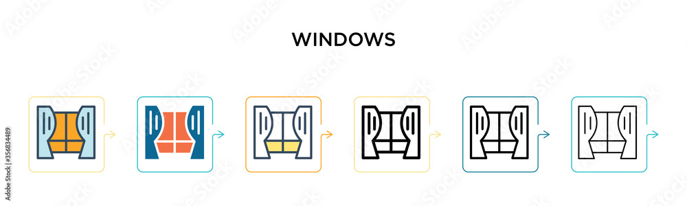 Poster windows vector icon in 6 different modern styles. black, two colored windows icons designed in fille
