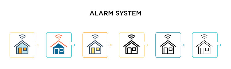 Alarm system vector icon in 6 different modern styles. Black, two colored alarm system icons designed in filled, outline, line and stroke style. Vector illustration can be used for web, mobile, ui
