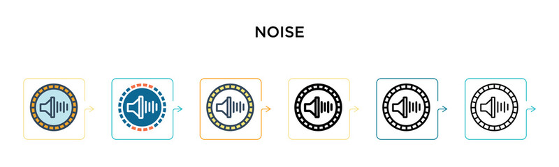 Noise vector icon in 6 different modern styles. Black, two colored noise icons designed in filled, outline, line and stroke style. Vector illustration can be used for web, mobile, ui