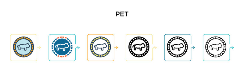 Pet vector icon in 6 different modern styles. Black, two colored pet icons designed in filled, outline, line and stroke style. Vector illustration can be used for web, mobile, ui