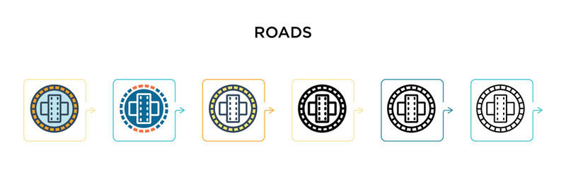 Roads vector icon in 6 different modern styles. Black, two colored roads icons designed in filled, outline, line and stroke style. Vector illustration can be used for web, mobile, ui