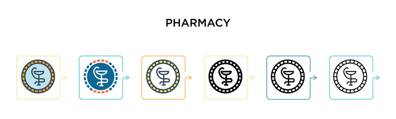 Pharmacy vector icon in 6 different modern styles. Black, two colored pharmacy icons designed in filled, outline, line and stroke style. Vector illustration can be used for web, mobile, ui