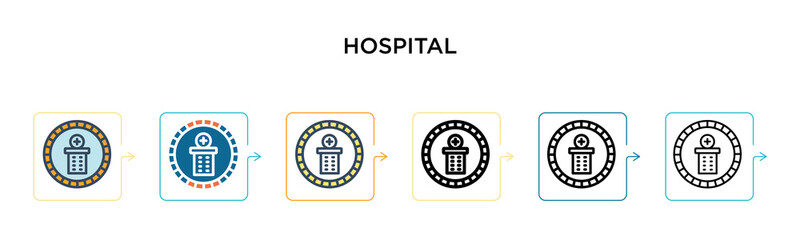 Hospital vector icon in 6 different modern styles. Black, two colored hospital icons designed in filled, outline, line and stroke style. Vector illustration can be used for web, mobile, ui