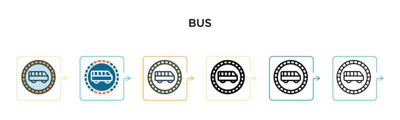 Bus vector icon in 6 different modern styles. Black, two colored bus icons designed in filled, outline, line and stroke style. Vector illustration can be used for web, mobile, ui