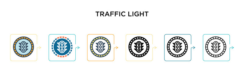 Traffic light vector icon in 6 different modern styles. Black, two colored traffic light icons designed in filled, outline, line and stroke style. Vector illustration can be used for web, mobile, ui