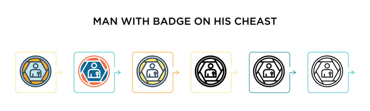 Man with badge on his cheast vector icon in 6 different modern styles. Black, two colored man with badge on his cheast icons designed in filled, outline, line and stroke style. Vector illustration can