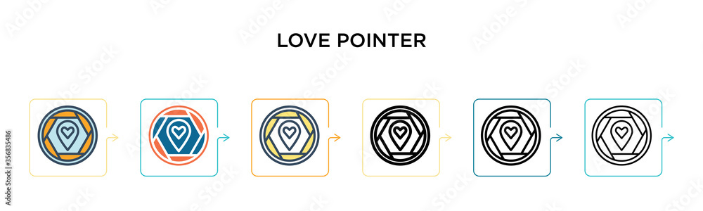 Poster love pointer vector icon in 6 different modern styles. black, two colored love pointer icons designe