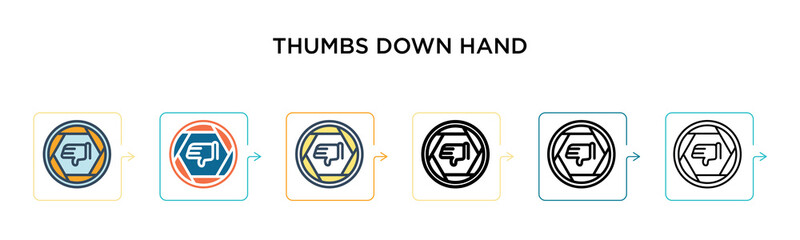 Thumbs down hand vector icon in 6 different modern styles. Black, two colored thumbs down hand icons designed in filled, outline, line and stroke style. Vector illustration can be used for web,