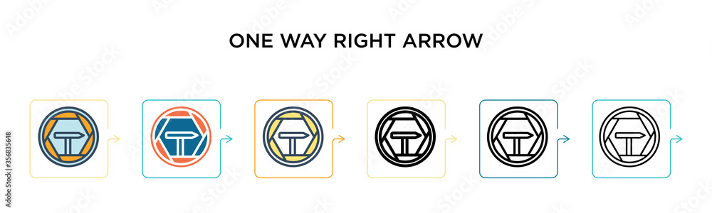 Poster one way right arrow signal vector icon in 6 different modern styles. black, two colored one way righ