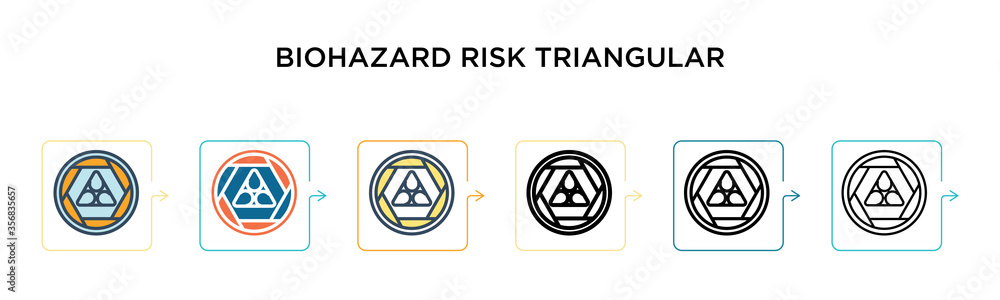 Poster biohazard risk triangular signal vector icon in 6 different modern styles. black, two colored biohaz