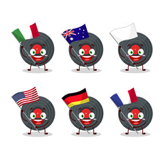 Vynil record cartoon character bring the flags of various countries