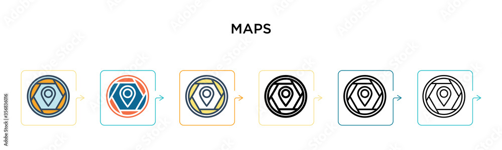 Poster maps vector icon in 6 different modern styles. black, two colored maps icons designed in filled, out