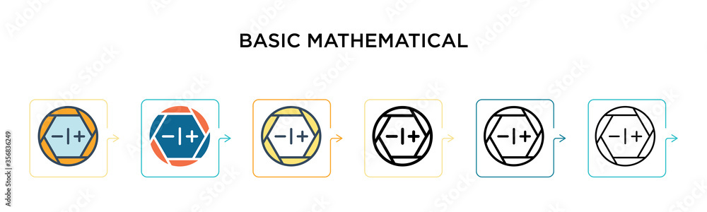 Poster basic mathematical symbols vector icon in 6 different modern styles. black, two colored basic mathem