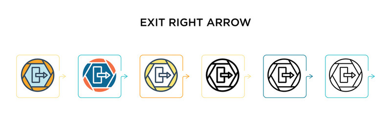 Exit right arrow vector icon in 6 different modern styles. Black, two colored exit right arrow icons designed in filled, outline, line and stroke style. Vector illustration can be used for web,