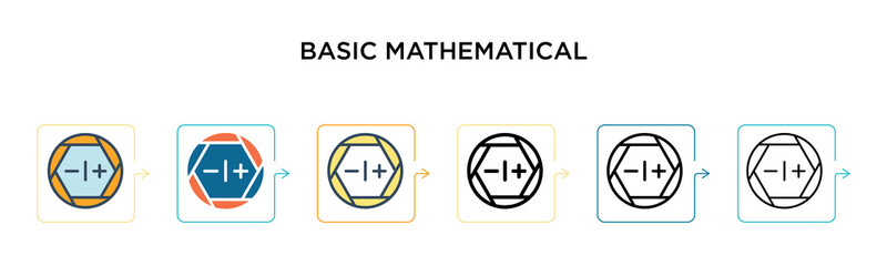 Basic mathematical symbols vector icon in 6 different modern styles. Black, two colored basic mathematical symbols icons designed in filled, outline, line and stroke style. Vector illustration can be