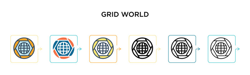 Grid world vector icon in 6 different modern styles. Black, two colored grid world icons designed in filled, outline, line and stroke style. Vector illustration can be used for web, mobile, ui