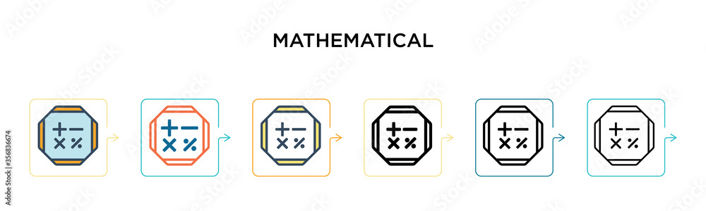 Poster mathematical symbols vector icon in 6 different modern styles. black, two colored mathematical symbo