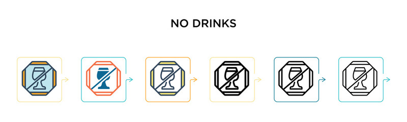 No drinks vector icon in 6 different modern styles. Black, two colored no drinks icons designed in filled, outline, line and stroke style. Vector illustration can be used for web, mobile, ui
