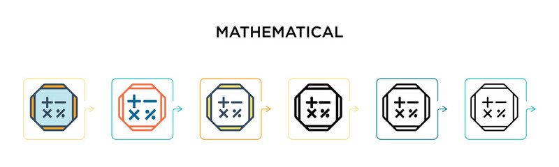 Mathematical symbols vector icon in 6 different modern styles. Black, two colored mathematical symbols icons designed in filled, outline, line and stroke style. Vector illustration can be used for