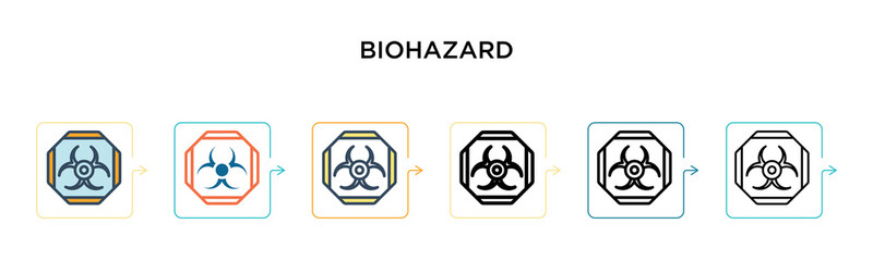 Biohazard symbol vector icon in 6 different modern styles. Black, two colored biohazard symbol icons designed in filled, outline, line and stroke style. Vector illustration can be used for web,