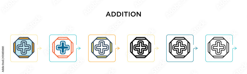 Poster addition vector icon in 6 different modern styles. black, two colored addition icons designed in fil