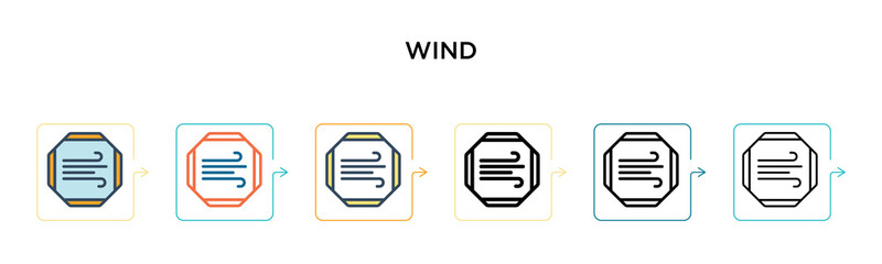 Wind sign vector icon in 6 different modern styles. Black, two colored wind sign icons designed in filled, outline, line and stroke style. Vector illustration can be used for web, mobile, ui