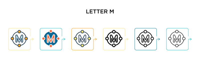 Letter m vector icon in 6 different modern styles. Black, two colored letter m icons designed in filled, outline, line and stroke style. Vector illustration can be used for web, mobile, ui