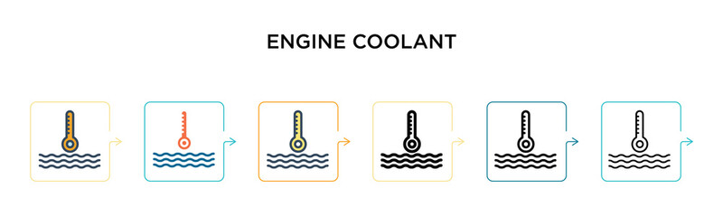 Engine coolant vector icon in 6 different modern styles. Black, two colored engine coolant icons designed in filled, outline, line and stroke style. Vector illustration can be used for web, mobile, ui
