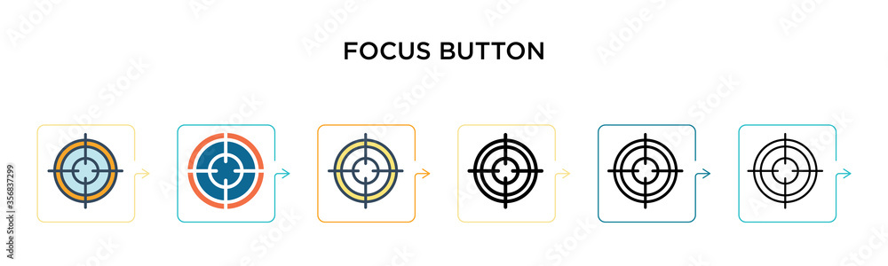 Poster focus button vector icon in 6 different modern styles. black, two colored focus button icons designe