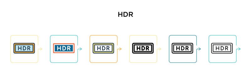 Hdr vector icon in 6 different modern styles. Black, two colored hdr icons designed in filled, outline, line and stroke style. Vector illustration can be used for web, mobile, ui