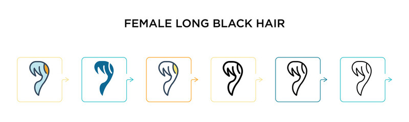 Female long black hair vector icon in 6 different modern styles. Black, two colored female long black hair icons designed in filled, outline, line and stroke style. Vector illustration can be used for