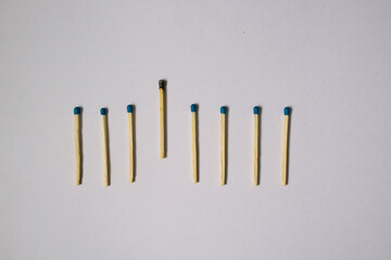 Flat-lay concept of matches explaining social distancing, isolation stops the spread of Covid-19 pandemic, white background