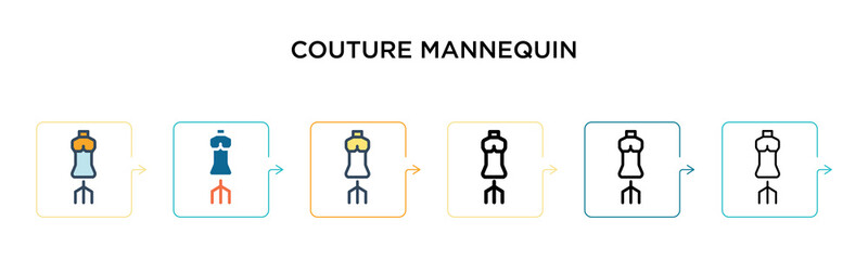 Couture mannequin vector icon in 6 different modern styles. Black, two colored couture mannequin icons designed in filled, outline, line and stroke style. Vector illustration can be used for web,