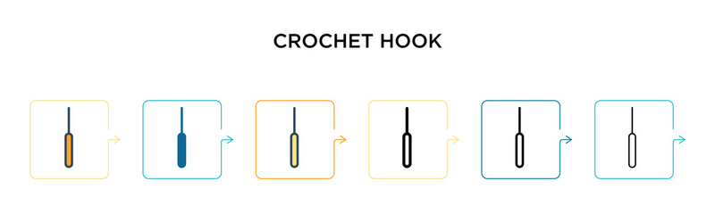 Crochet hook vector icon in 6 different modern styles. Black, two colored crochet hook icons designed in filled, outline, line and stroke style. Vector illustration can be used for web, mobile, ui