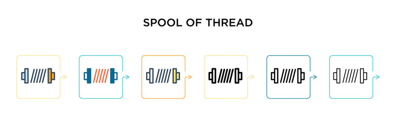 Spool of thread vector icon in 6 different modern styles. Black, two colored spool of thread icons designed in filled, outline, line and stroke style. Vector illustration can be used for web, mobile,