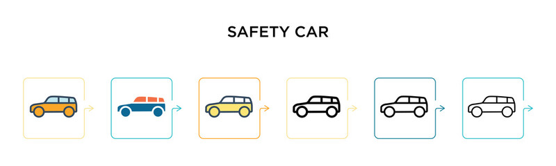 Safety car vector icon in 6 different modern styles. Black, two colored safety car icons designed in filled, outline, line and stroke style. Vector illustration can be used for web, mobile, ui