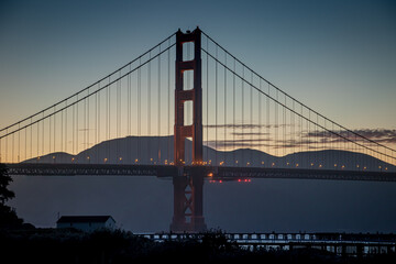 The Golden Gate Bridge at dusk.