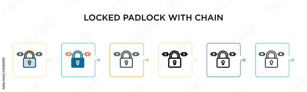 Poster locked padlock with chain vector icon in 6 different modern styles. black, two colored locked padloc
