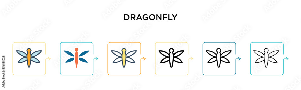 Poster dragonfly vector icon in 6 different modern styles. black, two colored dragonfly icons designed in f
