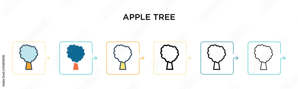 Poster apple tree vector icon in 6 different modern styles. black, two colored apple tree icons designed in