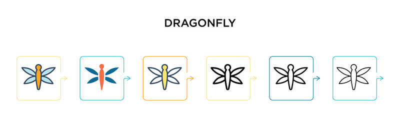 Dragonfly vector icon in 6 different modern styles. Black, two colored dragonfly icons designed in filled, outline, line and stroke style. Vector illustration can be used for web, mobile, ui