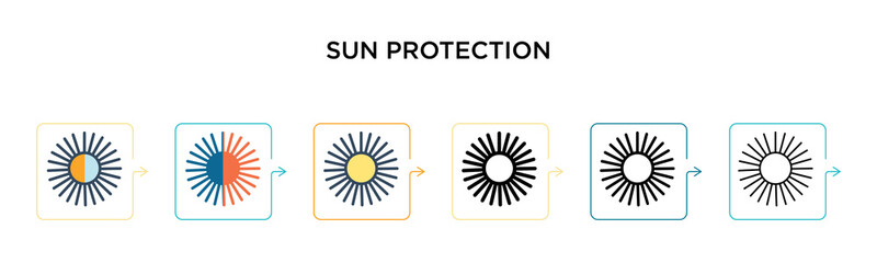 Sun protection vector icon in 6 different modern styles. Black, two colored sun protection icons designed in filled, outline, line and stroke style. Vector illustration can be used for web, mobile, ui
