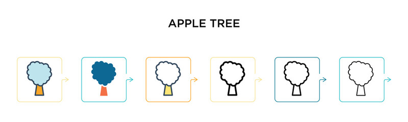 Apple tree vector icon in 6 different modern styles. Black, two colored apple tree icons designed in filled, outline, line and stroke style. Vector illustration can be used for web, mobile, ui