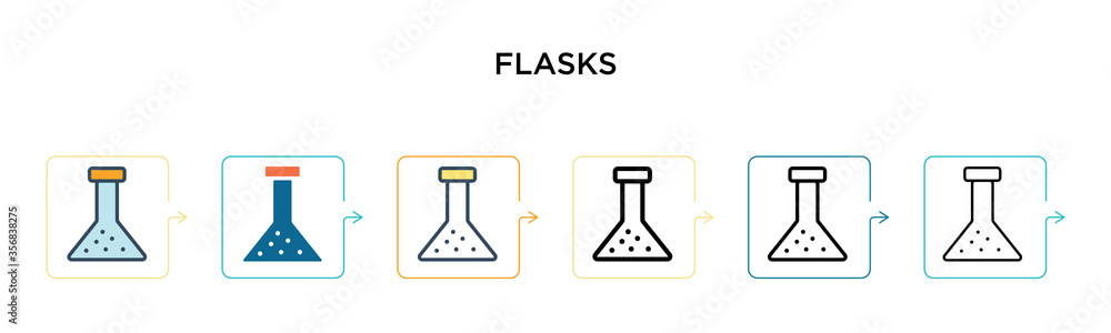Poster flasks vector icon in 6 different modern styles. black, two colored flasks icons designed in filled,