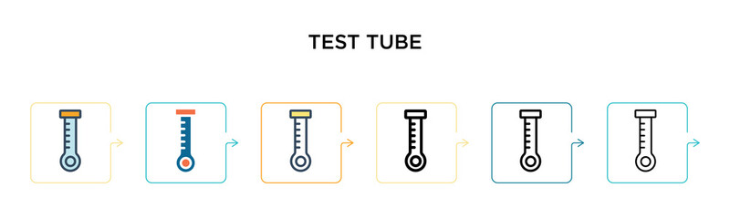 Test tube vector icon in 6 different modern styles. Black, two colored test tube icons designed in filled, outline, line and stroke style. Vector illustration can be used for web, mobile, ui
