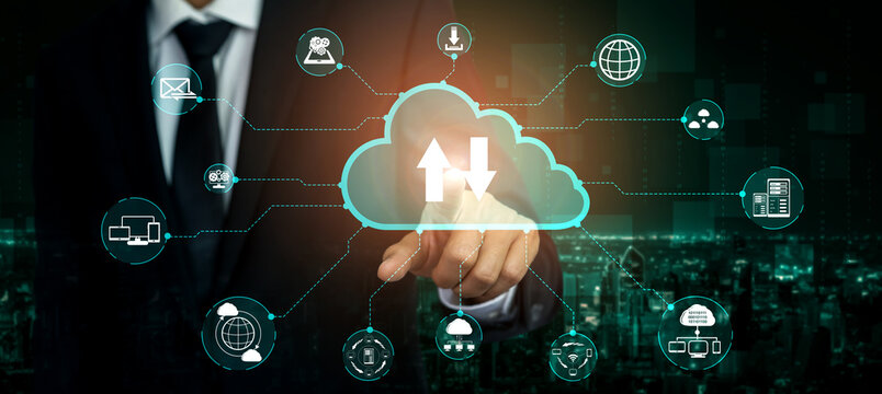Cloud computing technology and online data storage for business network concept. Computer connects to internet server service for cloud data transfer presented in 3D futuristic graphic interface.