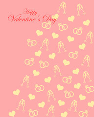 Valentine’s Day greeting card. Heart,rings and champagne pattern on pink background cover template and banner design. For background, wallpaper, event, card, postcard, backdrop, media, website etc.